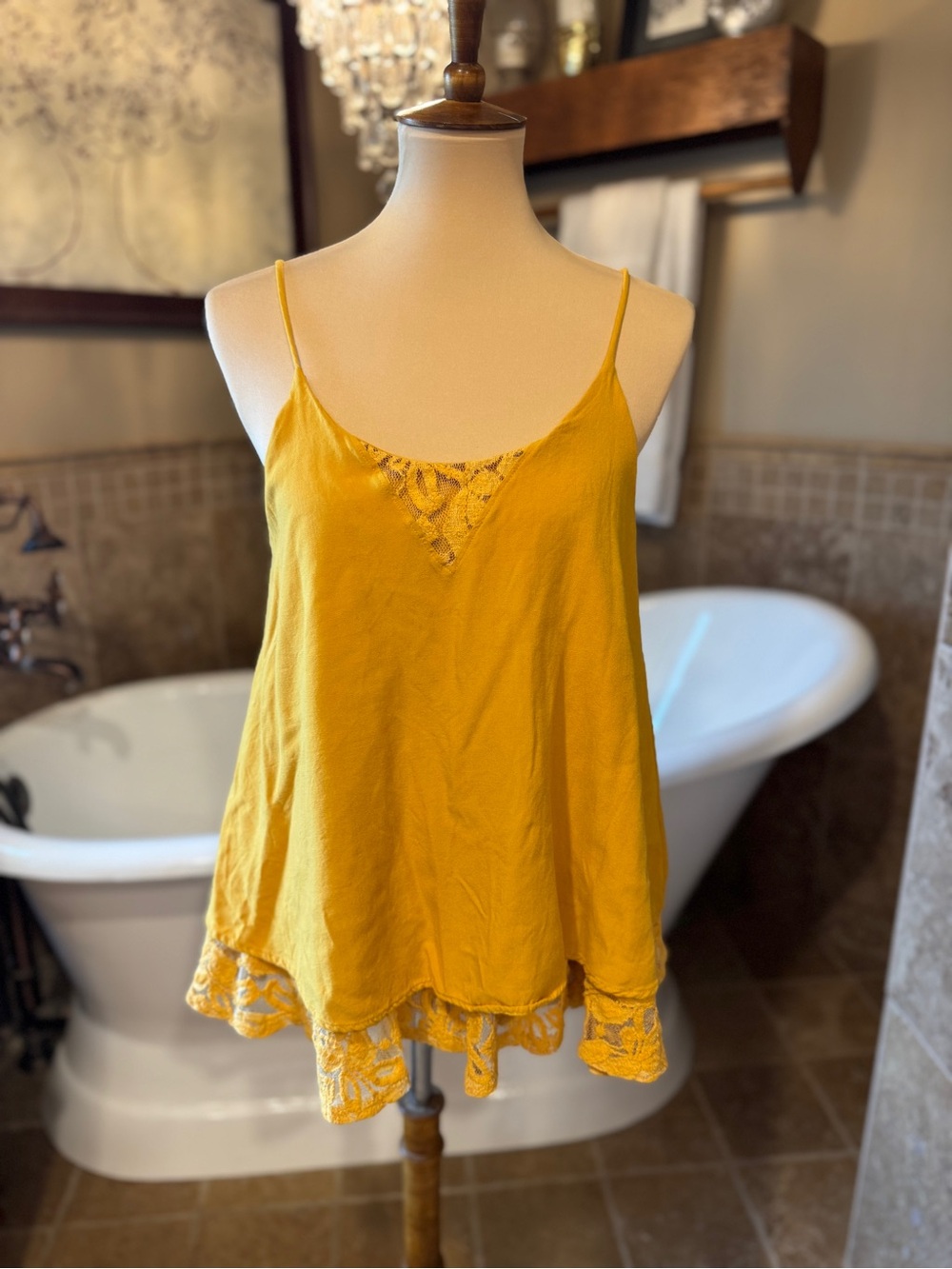 Alya Mustard Yellow Lace-Trim Tank Top size medium